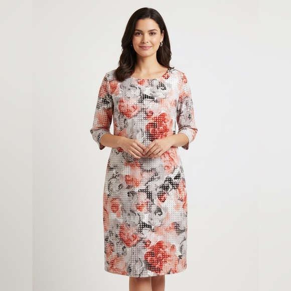 Sandra Darren Dresses & Skirts - SANDRA Darren sheath Dress Sz 16 mesh floral print short Sleeve white peach gray